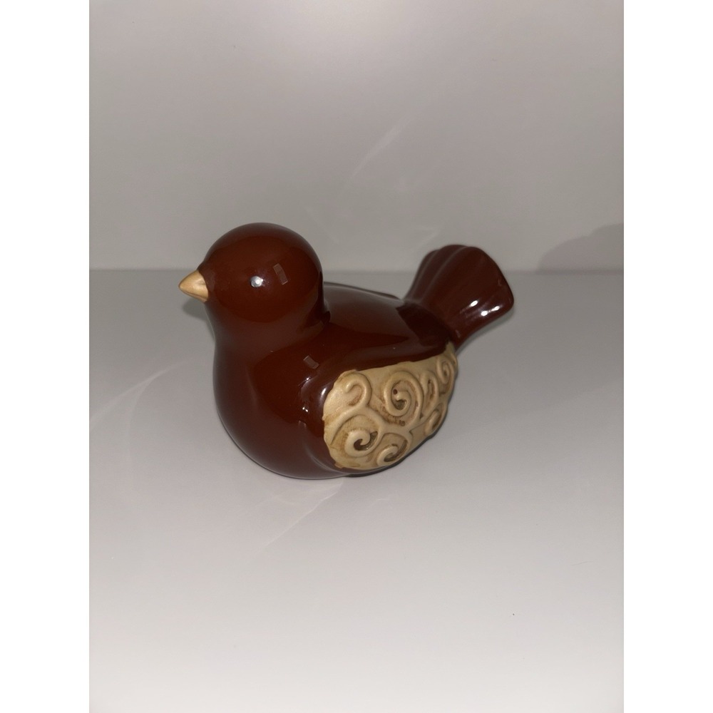 Charming Brown Ceramic Bird Figurine Glazed Body Detailed Wing Design